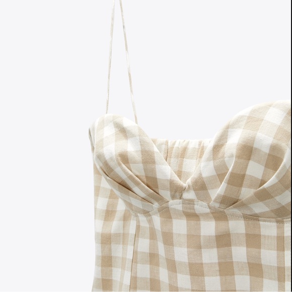 Zara Gingham Checked Linen Bustier Sweetheart Mini Dress Tan White S - Picture 8 of 12